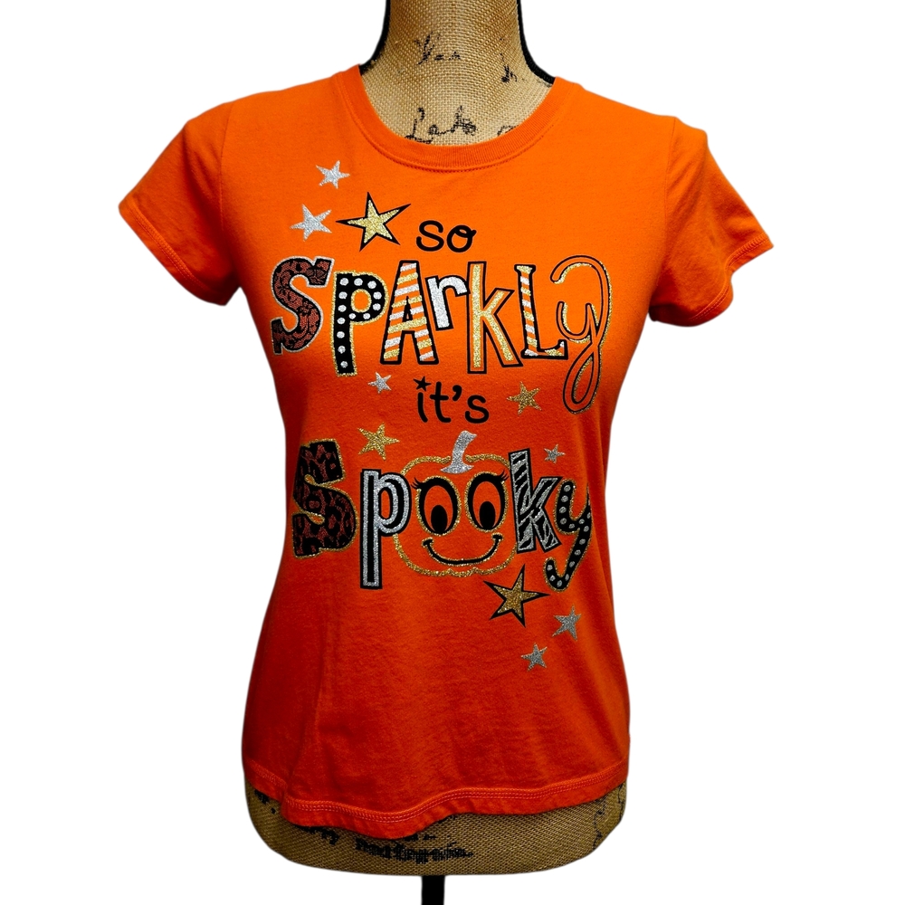 Halloween T-shirt with Sparkly Design Fits Womens XS/S (Actually Girls Size XL) - Picture 5 of 15